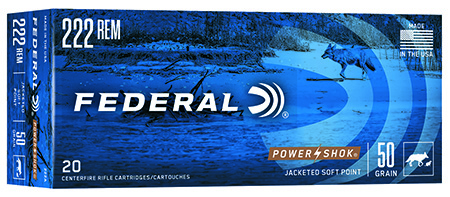 Federal 222A Power-Shok  222Rem 50gr Jacketed Soft Point 20 Per Box/10 Case