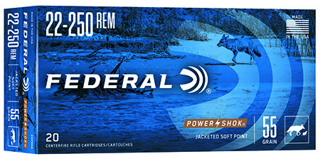 Federal 22250A Power-Shok  22-250Rem 55gr Jacketed Soft Point 20 Per Box/10 Case