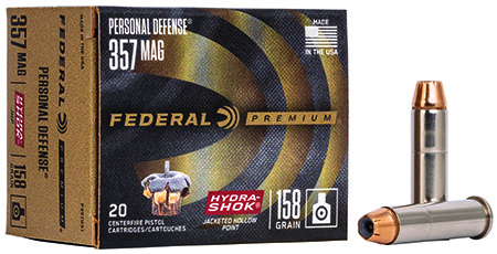 Federal P357HS1 Premium Personal Defense 357Mag 158gr Hydra-Shok Jacketed Hollow Point 20 Per Box/25 Case