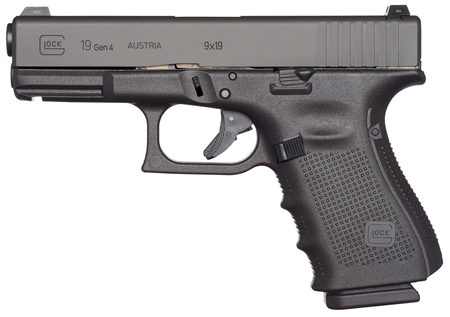 Glock UG1950203 G19 Gen4 Compact 9mm Luger 4.02" 15+1 Overall Black Finish with Steel Slide, Finger Grooved Rough Texture Interchangeable Backstraps Grip  &  Fixed Sights (US Made)