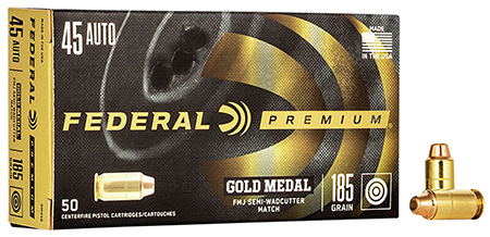 Federal GM45B Premium Gold Medal 45ACP 185gr Full Metal Jacket Semi Wadcutter 50 Per Box/20 Case
