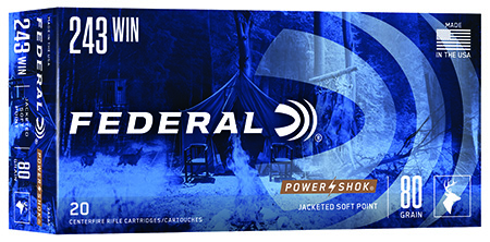Federal 243AS Power-Shok  243Win 80gr Jacketed Soft Point 20 Per Box/10 Case