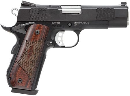 Smith  &  Wesson 108483 1911 E-Series 45 ACP 7+1/8+1, 4.25" Stainless Steel Barrel, Black Serrated Stainless Steel Slide, Black Aluminum Frame w/Beavertail, Round Butt Laminate Wood Grip