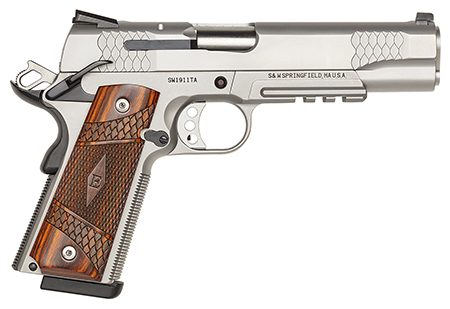 Smith  &  Wesson 108411 1911 E-Series 45 ACP  5" Barrel 8+1, Satin Stainless Steel Frame  &  Slide, Laminate Wood E Series Grip, Tactical Accessory Rail, Manual Grip  &  Thumb Safety