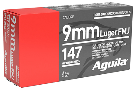 Aguila 1E097719   9mm Luger 147gr Full Metal Jacket Flat Point 50 Per Box/20 Case