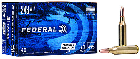 Federal AE24375VP American Eagle Varmint  &  Predator 243Win 75gr Jacketed Hollow Point 40 Per Box/5 Case