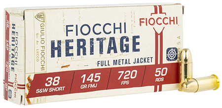 Fiocchi 38SWSHA Heritage  38S&WShort 145gr Full Metal Jacket 50 Per Box/20 Case