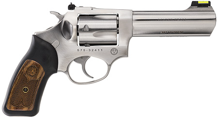 Ruger 5771 SP101  357 Mag 5rd 4.20" Satin Stainless Steel Barrel, Cylinder  &  Frame, Black Rubber w/Wood Insert Grip, Transfer Bar Safety, Exposed Hammer