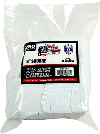 Pro-Shot 3250 Cleaning Patches  12-16 Gauge 3" Square Cotton Flannel 250 Pack