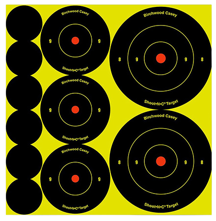 Birchwood Casey 34608 Shoot-N-C Reactive Target Variety Pack Self-Adhesive Paper Black/Yellow Bullseye 132 Pack