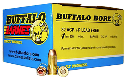 Buffalo Bore Ammunition 30B20 Buffalo-Barnes Strictly Business 32ACP +P 60gr Barnes TAC-XP Lead Free 20 Per Box/12 Case