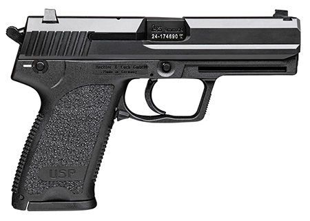 HK 81000310 USP V1 9mm Luger Caliber with 4.25" Barrel, 10+1 Capacity, Overall Black Finish, Serrated Trigger Guard Frame, Serrated Steel Slide, Polymer Grip  &  No Manual Safety Includes 3 Mags