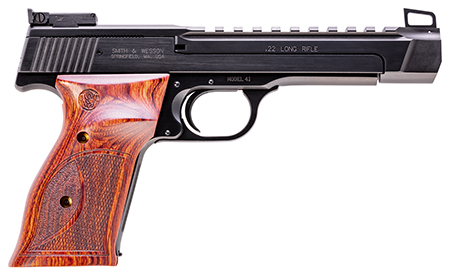 Smith  &  Wesson 178031 41 Performance Center Full Size Frame 22 LR 10+1, 5.50" Blued Button Rifled/Picatinny Rail Barrel, Blued Serrated Slide  &  Frame, Custom Wood Target Grip, Thumb Safety