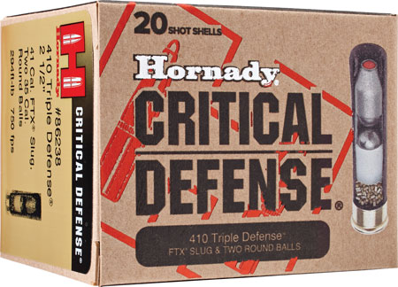 Hornady 86238 Critical Defense Triple Defense 410Gauge 2.50" 2RoundBalls/1 FTXSlug 20 Per Box/10 Case