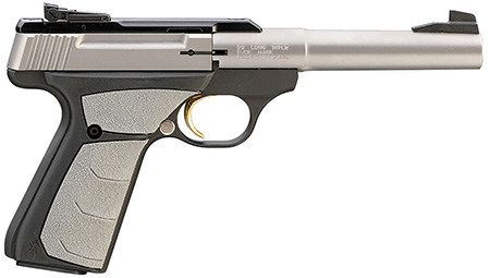 Browning 051483490 Buck Mark Camper *CA Compliant 22 LR 10+1 5.50" Tapered Bull Barrel, Matte Stainless Serrated SS Slide, Matte Black Aluminum Frame  &  Gray Overmolded Grips