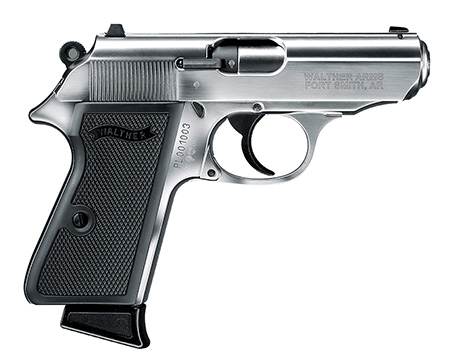 Walther Arms 5030320 PPK/S  22 LR 10+1 3.30" Steel/Threaded Barrel, Nickel Serrated/Steel Slide, Stainless Zinc Alloy Frame w/Beavertail, Black Checkered Polymer Grips