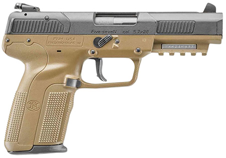 FN 3868929352 Five-seveN *CA Compliant 5.7x28mm 10+1 4.80" Black Steel Barrel, Black Serrated Steel Slide  &  Polymer Frame w/Picatinny Rail, FDE Textured Polymer Grip, Ambidextrous