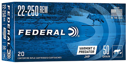 Federal AE22250G American Eagle Varmint  &  Predator 22-250Rem 50gr Jacketed Hollow Point 20 Per Box/10 Case