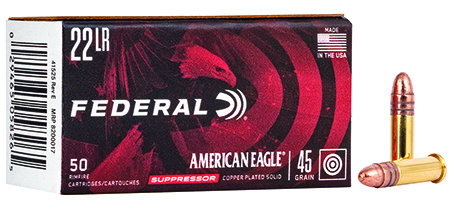 Federal AE22SUP1 American Eagle Suppressor 22LR 45gr Copper Plated Round Nose 50 Per Box/100 Case