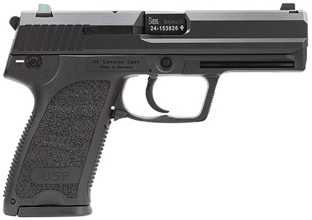HK 81000334 USP Compact V7 LEM 9mm Luger Caliber with 3.58" Barrel, 13+1 Capacity, Overall Black Finish, Serrated Trigger Guard Frame, Serrated Steel Slide, Polymer Grip  &  Night Sights Includes 3 Mags