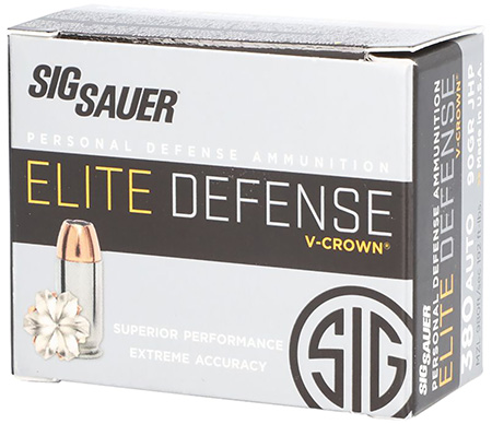 Sig Sauer E380A120 Elite Defense  380ACP 90gr V-Crown Jacketed Hollow Point 20 Per Box/10 Case