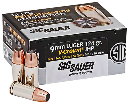 Sig Sauer E9MMA220 Elite Performance  9mmLuger 124gr V-Crown Jacketed Hollow Point 20 Per Box/10 Case