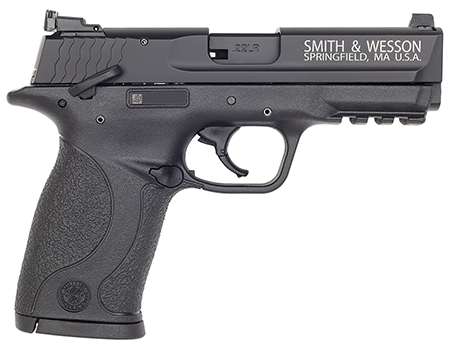 Smith  &  Wesson 108390 M & P 22  Compact Frame 22 LR 10+1, 3.60" Black Steel Barrel, Black Hard Coat Anodized Serrated Slide, Black Polymer Frame w/Picatinny Rail Frame  &  Grip, Ambidextrous, Thumb Safety
