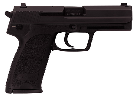 HK 81000326 USP V7 LEM 45 ACP Caliber with 4.41" Barrel, 12+1 Capacity, Overall Black Finish, Serrated Trigger Guard Frame, Serrated Steel Slide  &   Polymer Grip Includes 2 Mags