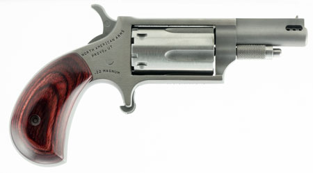 North American Arms 22MCP Mini-Revolver  22 LR/22 WMR 5 Shot 1.63" Stainless Steel Ported Barrel  &  Frame, Stainless Cylinder, Rosewood Birdshead Grip, Exposed Hammer, Includes 22 LR Cylinder