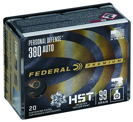 Federal P380HST1S Premium Personal Defense Micro 380ACP 99gr HST Jacketed Hollow Point 20 Per Box/10 Case