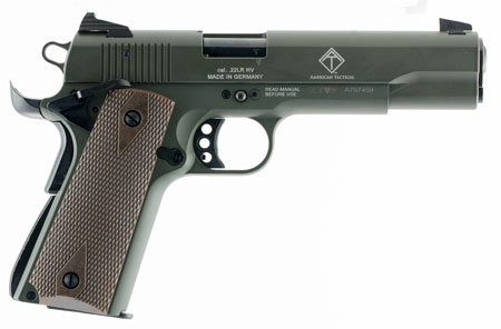 GSG GSG2210M1911G 1911  22 LR 10+1 5" Threaded Barrel, OD Green Serrated Slide, OD Green Zinc Alloy w/Beavertail Frame, Double Diamond Walnut Grip