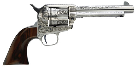 Taylors  &  Company 550898 1873 Cattleman 45 Colt (LC) Caliber with 5.50" Barrel, 6rd Capacity Cylinder, Overall White Photo Engraved Finish Steel  &  Walnut Grip