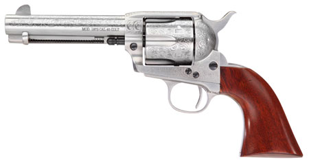 Taylors  &  Company 550928 1873 Cattleman 357 Mag Caliber with 4.75" Barrel, 6rd Capacity Cylinder, Overall White Floral Engraved Finish Steel  &  Walnut Grip
