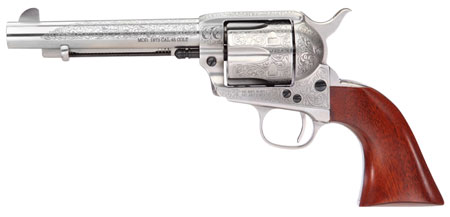 Taylors  &  Company 550929 1873 Cattleman 357 Mag Caliber with 5.50" Barrel, 6rd Capacity Cylinder, Overall White Floral Engraved Finish Steel  &  Walnut Grip
