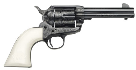 Taylors  &  Company 200059 1873 Cattleman Outlaw Legacy 357 Mag Caliber with 4.75" Barrel, 6rd Capacity Cylinder, Overall Blued Engraved Finish Steel  &  Ivory Synthetic Grip