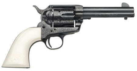 Taylors  &  Company 200056 1873 Cattleman Outlaw Legacy 45 Colt (LC) Caliber with 4.75" Barrel, 6rd Capacity Cylinder, Overall Blued Engraved Finish Steel  &  Ivory Synthetic Grip