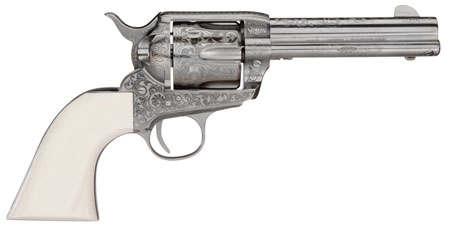 Taylors  &  Company 200057 1873 Cattleman Outlaw Legacy 45 Colt (LC) Caliber with 4.75" Barrel, 6rd Capacity Cylinder, Overall Nickel Engraved Finish Steel  &  Ivory Synthetic Grip