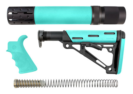 Hogue 13478 OverMolded 3-Piece Kit Collapsible Aqua OverMolded Rubber Black  &  Aqua Rubber Grip, Rifle Length Forend AR15, M16