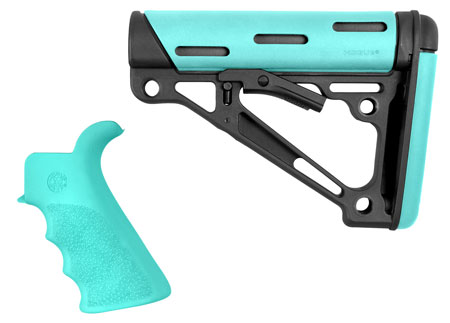 Hogue 13455 OverMolded 2-Piece Kit Collapsible Aqua OverMolded Rubber Black  &  Aqua Rubber Grip for AR15, M16 with Commercial Tube (Tube Not Included)