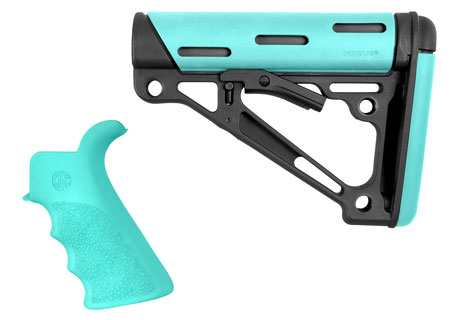Hogue 13456 OverMolded 2-Piece Kit Collapsible Aqua OverMolded Rubber Black  &  Aqua Rubber Grip for AR15, M16 with Mil-Spec Tube (Tube Not Included)