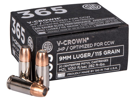Sig Sauer E9MMA136520 Elite Performance 365 9mmLuger 115gr V-Crown Jacketed Hollow Point 20 Per Box/10 Case