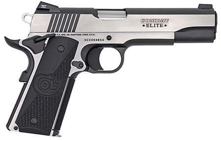 Colt Mfg O1072CE 1911 Combat Elite Government 9mm Luger 5" 9+1 Overall Two-Tone Elite Finish Stainless Steel Frame  &  Slide with Half Checkered  &  Scalloped Black G10 Grip  &  Night Sights