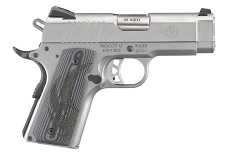 Ruger 6762 SR1911 Officer-Style 45 ACP 7+1 3.60" Stainless Steel Barrel, Serrated Stainless Steel Slide, Low-Glare Stainless Steel Frame w/Beavertail, Checkered Gray G10 Grip