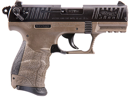 Walther Arms 5120363 P22 *CA Compliant 22 LR 10+1 3.42" Matte Black Tenifer Serrated/Steel Slide, Flat Dark Earth Polymer Frame w/Picatinny Rail, Black Interchangeable Backstrap Grips