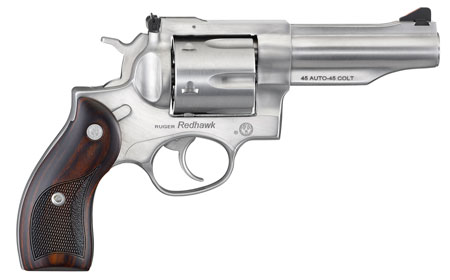 Ruger 5050 Redhawk  45 ACP/45 Long Colt 6rd, 4.20" Satin Stainless Steel Barrel, Cylinder  &  Frame, Lasered Hardwood Grip, Exposed Hammer