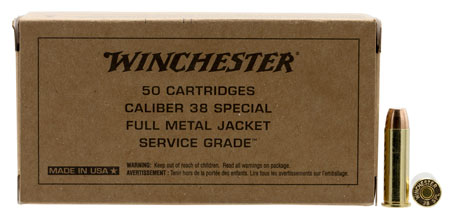 Winchester Ammo SG38W Service Grade  38Special 130gr Full Metal Jacket Flat Nose 50 Per Box/10 Case