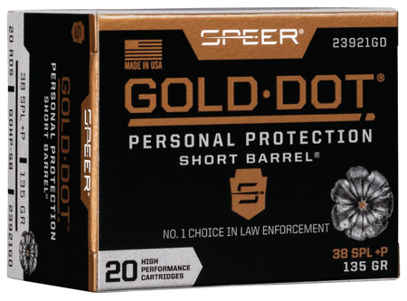 Speer 23921GD Gold Dot Personal Protection Short Barrel 38Special+P 135gr Hollow Point 20 Per Box/10 Case