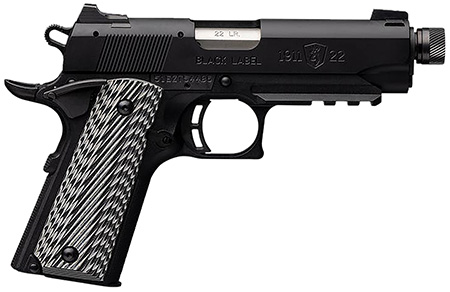 Browning 051821490 1911-22 Black Label Compact SR 22 LR 10+1 4.25" 3.50" Threaded Barrel, Matte Black Serrated Steel Slide  &  Polymer Frame w/Picatinny Rail  &  Beavertail, Black/Gray Textured G10 Grips