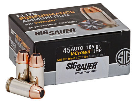 Sig Sauer E45AP050 Elite Performance  45ACP 185gr V-Crown Jacketed Hollow Point 50 Per Box/10 Case