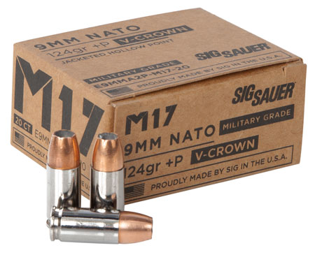 Sig Sauer E9MMA2PM1720 Military Grade M17 9mmLuger+P 124gr V-Crown Jacketed Hollow Point 20 Per Box/10 Case